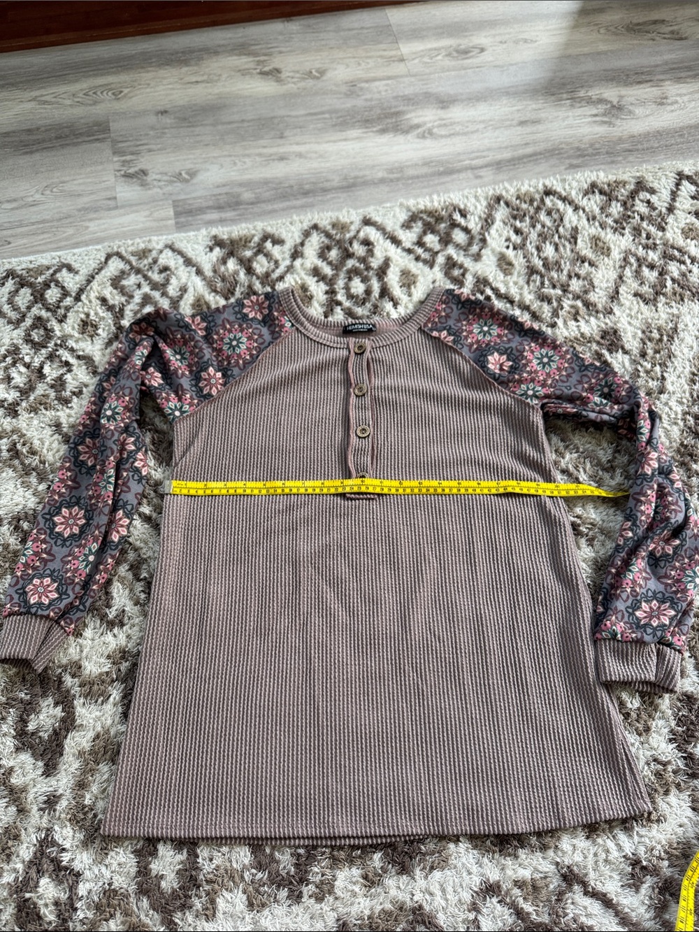 HEIMISH USA Taupe Waffle Henley with Floral Raglan Sleeves